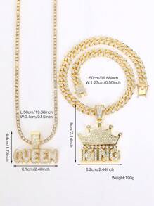 LIGHTSOME Hip Hop Bling Rhinestone Crown KING Pendant Necklace For Men Punk Tennis Chain Link With Queen Pendant Jewelry Gift For Women - Silver - View 7