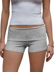 Womens Fold Over Shorts Elastic Waist Y2k Lounge Shorts Foldover Cute Pajama Micro Bottoms Mini Shorts Sleepwear - 灰色 - 查看 1