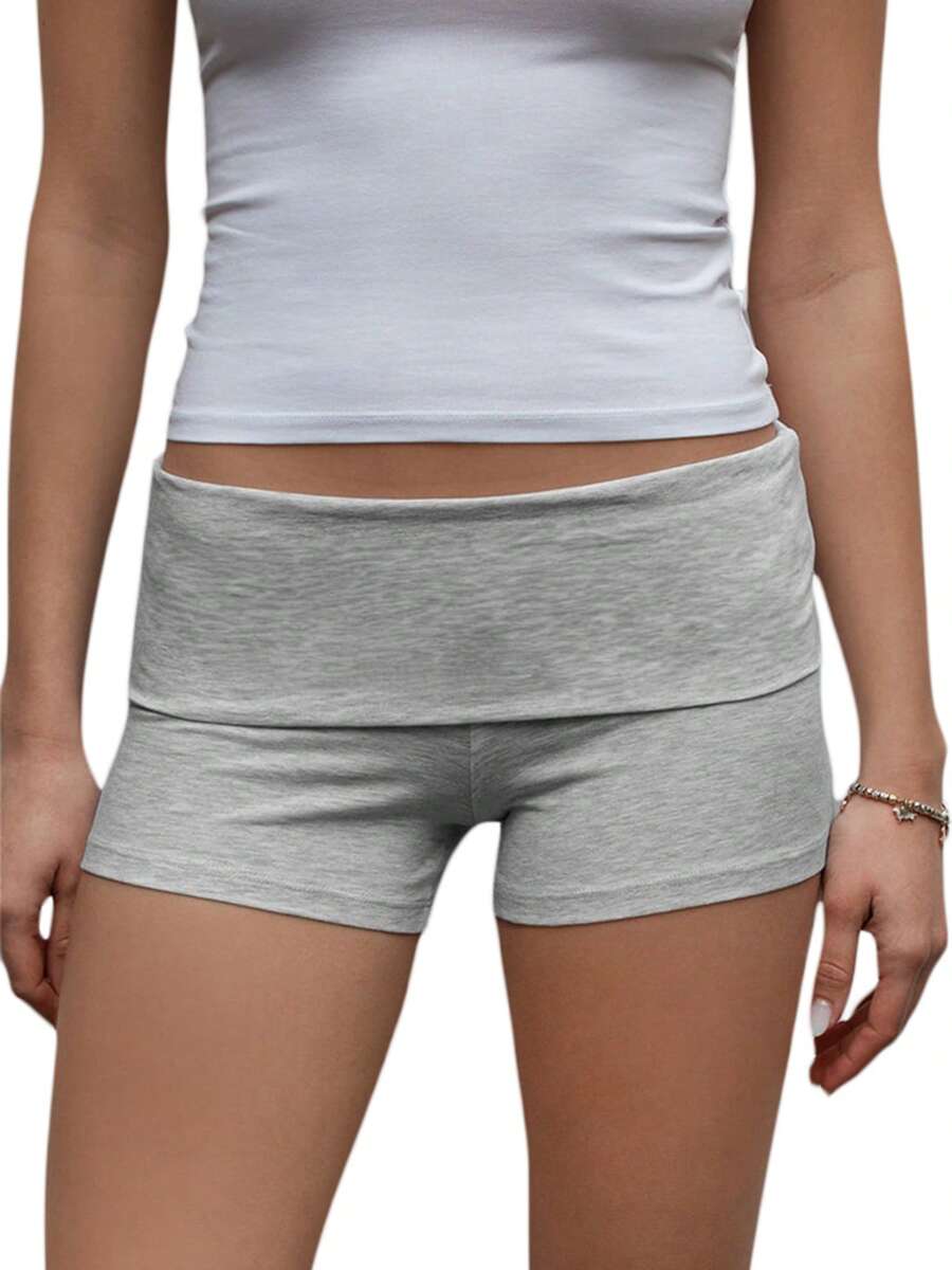 Womens Fold Over Shorts Elastic Waist Y2k Lounge Shorts Foldover Cute Pajama Micro Bottoms Mini Shorts Sleepwear - 灰色 - 查看 1