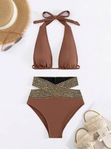 2 件套夏季超性感女士比基尼套装，高腰修身泳装