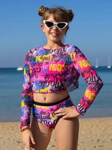 3-delige set meisjesmode, tweedelig badpak met bandjes, bikini en cover-up