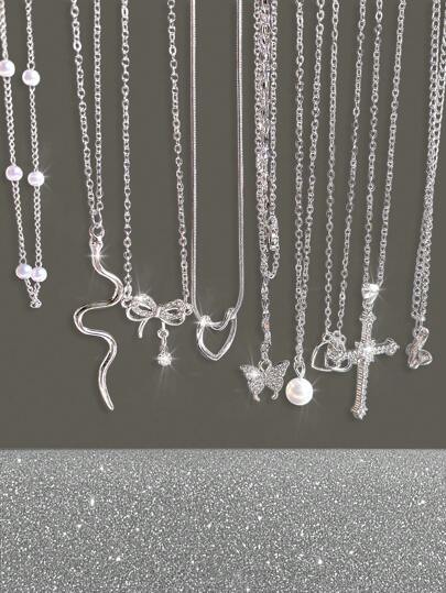 9 件时尚、优雅、可爱的设计项链套装，包括蝴蝶、心形、、蝴蝶结、蛇、水钻、珍珠元素，适合节日、派对和日常佩戴