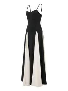 Women Spaghetti Strap Dress Contrast Color Flowy Hem Sweetheart Neck Sleeveless Backless Cami Long Dresses - 黑色 - 查看 8