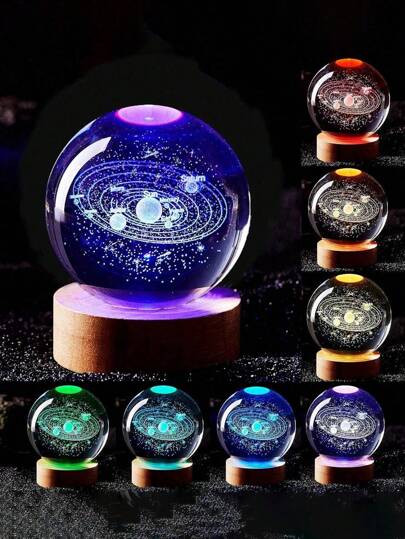 1pc 3D Crystal Ball Night Light 7 Color Light, Clear Crystal Ball With Wood Base, Night Light With Moon & Galaxy & Planet & Saturn Pattern,Solar System Space Themed Crystals, For Baby Room Night Light,Creativity Luxury Ornaments,Send Birthday Gifts To Boys And Girls Graduation