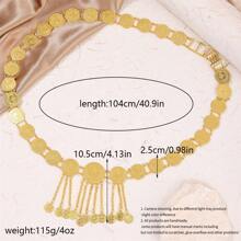 1pc Gold Tone Coin Shaped Alloy Bride Waist Chain, Exquisite Tassel Design, Saudi Arabian Style Fashion Waist Belt For Wedding, Party, Holiday
