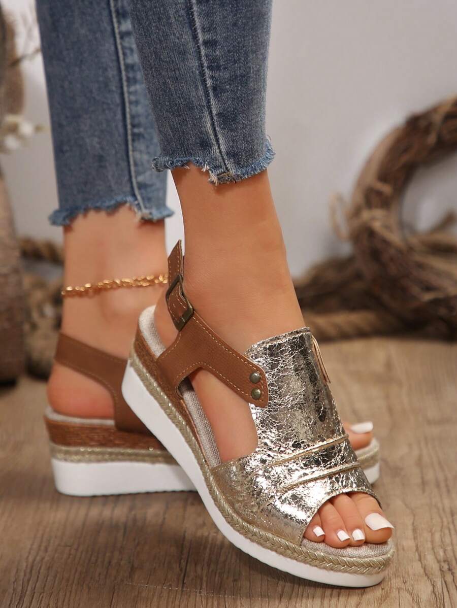 Plus Size Women Platform Wedge Casual Sandals Open Toe, Spring/Summer - Silver - View 1