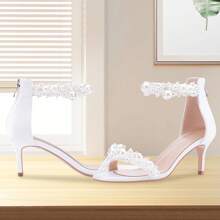 Women's Open Toe Wedding Bridal Dress Shoes Pearl Low Kitten Heel Ankle Strap High Heeled Sandals - White - View 6