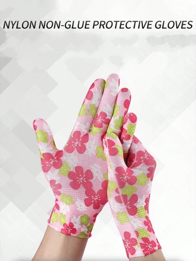 1/3/5/10双花卉尼龙针织印花工作手套，耐磨防滑透气，适用于家务、包装、园艺、收割
