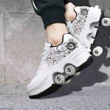 yousulun Deformation Shoes With Retractable Wheels, White Flower Roller Skates, Outdoor/ Indoor Rollerskates For Men And Women, Multi-Functional Shoes For Running& Skating - Hoa màu trắng - Xem 8