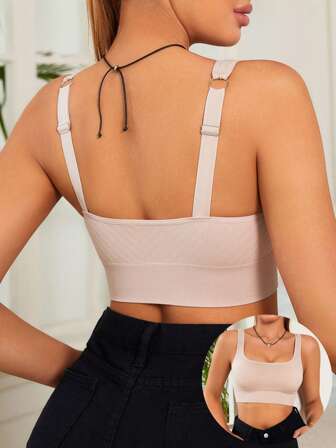 1pc Solid Color Elegant Symmetric Stripe U-Neck Comfortable Daily Lingerie Bra, Elastic Wide Straps With Thin Padding Support