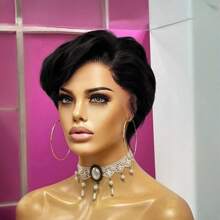 T-Part Lace Front Wig, Pixie Short Hair, Human Hair Wig, Suitable For Women, Size: 13x4x1 Inches T-Part Lace Front Wig, Wine Red Color, Glueless, Suitable For Daily Wear, Gift, Instant Wear Short Human Hair Wig, 99J Color Side Bangs Short Wig - Black - View 5