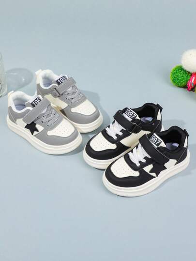 Zapatillas deportivas de estilo vintage con estampado de estrellas para niños/niñas pequeños - Zapatillas deportivas de corte bajo con cierre de gancho y bucle - Suela de goma, exterior de PU transpirable y plantilla de tela, para todas las estaciones