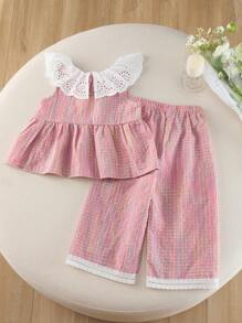 Humor Bear 2 pezzi Set estivo per giovani ragazze, composto da canotta con colletto in pizzo senza maniche e pantaloni ampi a zampa con inserti floreali - Rosa - Visualizzare 2