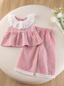 Humor Bear 2 pezzi Set estivo per giovani ragazze, composto da canotta con colletto in pizzo senza maniche e pantaloni ampi a zampa con inserti floreali - Rosa - Visualizzare 1