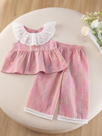 Humor Bear 2pcs Young Girl Sweet Lace Collar Sleeveless Vest Tank Top & Floral Splice Wide Leg Pants Set, Summer