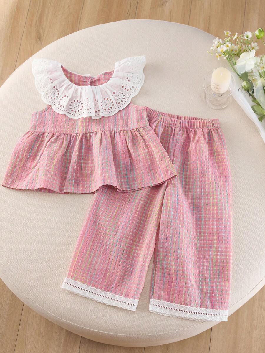 Humor Bear 2 pezzi Set estivo per giovani ragazze, composto da canotta con colletto in pizzo senza maniche e pantaloni ampi a zampa con inserti floreali - Rosa - Visualizzare 1