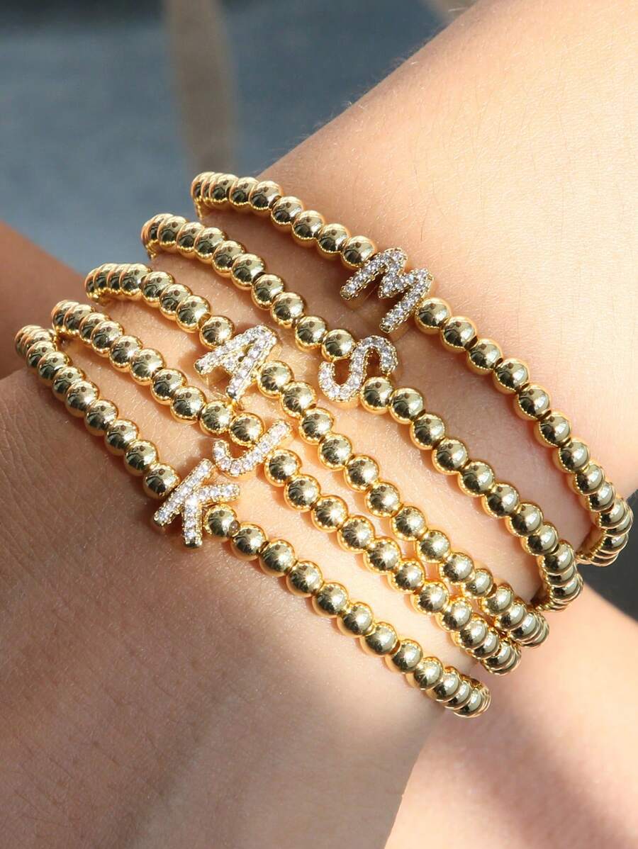 经典时尚锆石字母吊坠可调节链条手链，奢华A-Z字母手链，女士珠宝礼品 - 金色 - 查看 1