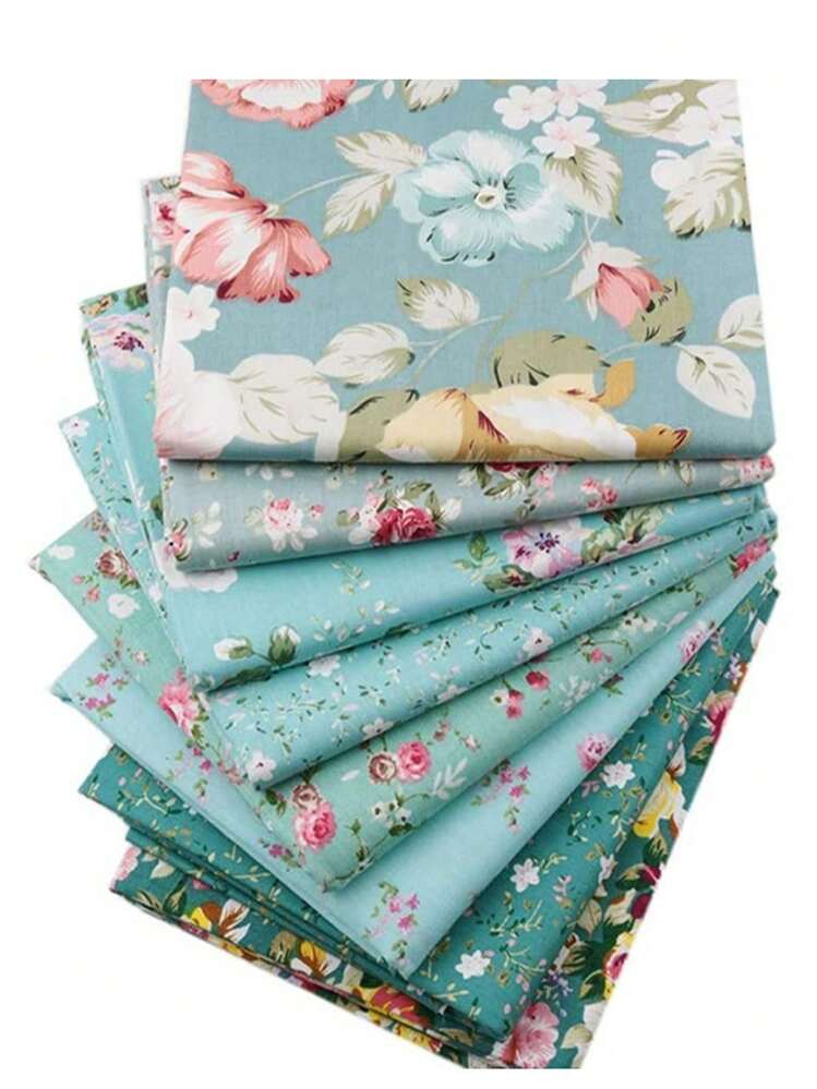 Set de 8 telas con estampado de flores verdes para costura DIY, vestidos, collages, costura a mano y patchwork - Azul - Añade 2