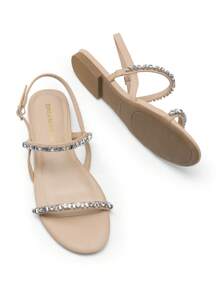 Women Flat Sandals Rhinestone Sparkling Design Summer Open Toe Adjustable Ankle Strap Sandals Fashion Comfortable Vacation Dress Casual Shoes - 杏色 - 查看 4