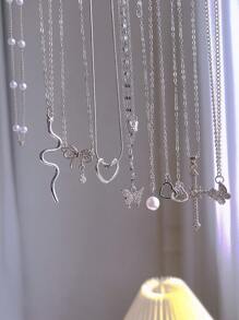 9pcs Fashionable, Elegant, Cute Design Necklace Set Including Butterfly, Heart, Cross, Bow, Snake, Rhinestone, Pearl Elements, Versatile For Holiday, Party, Daily Wear