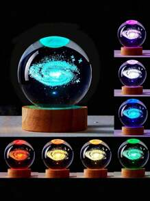 1pc 3D Crystal Ball Night Light 7 Color Light, Clear Crystal Ball With Wood Base, Night Light With Moon & Galaxy & Planet & Saturn Pattern,Solar System Space Themed Crystals, For Baby Room Night Light,Creativity Luxury Ornaments,Send Birthday Gifts To Boys And Girls Graduation
