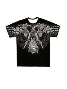 男士休闲骷髅与字母印花圆领短袖 T 恤，夏季学生装 - 黑色 - 查看 3