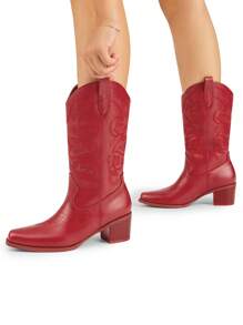 New Arrivals Women's Cowboy Boots Cowgirl Western Boots Mid Calf Boots Fashionable Embroidery Stitched Slip On Chunky Heel Music Festival Party Boots - 紅色 - 查看 2