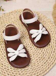 1 Pair Girls Striped PU Hook And Loop Strap Design Flat Cute Sandals, Suitable For Summer