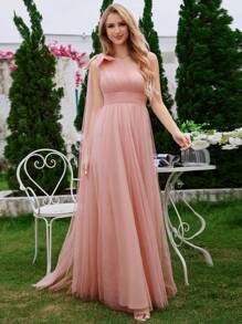 EVER-PRETTY Abito da damigella d'onore a-line in tulle con fiocco e nastro su una spalla, romantico