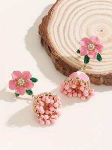 1 对波西米亚风格花式水钻花朵粉色 Jhumka 耳环，配流苏和铃铛，色彩鲜艳优雅的耳环，适合女性日常、节日、婚礼和派对穿着/珠宝礼物