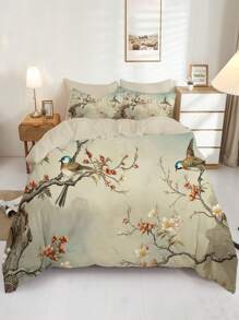 3 件套复古花卉和鸟类印花被套套装 - 包括 1 个被套和 2 个枕套，透气涤纶，可机洗 - 适合所有季节
