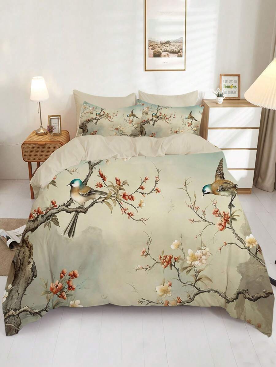 3 件套复古花卉和鸟类印花被套套装 - 包括 1 个被套和 2 个枕套，透气涤纶，可机洗 - 适合所有季节