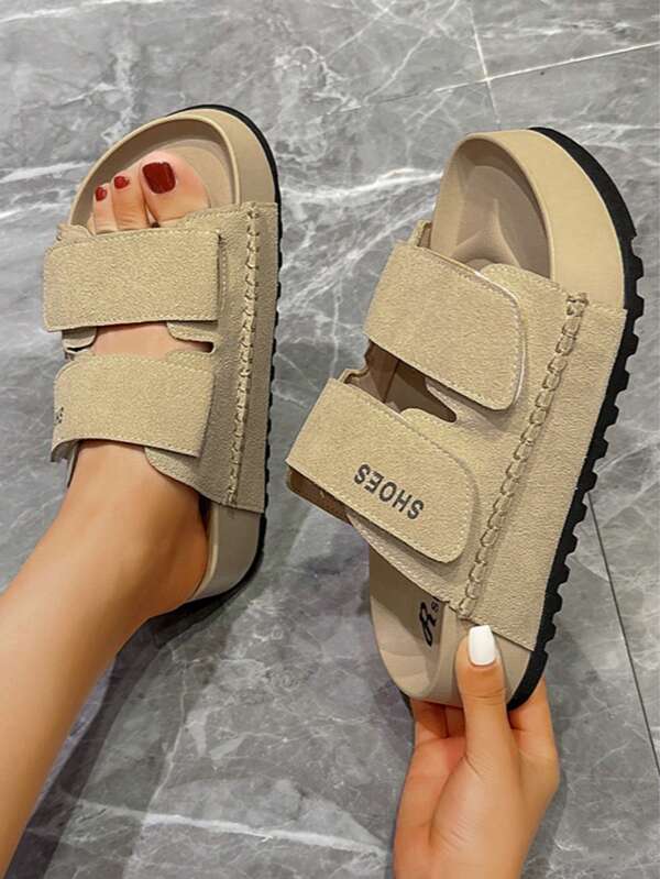 Dames klittenband dikke zool handgestikte muil pantoffels, effen kleur casual outdoor slides, mode en veelzijdig voor de zomer