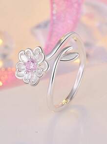 1pc S925 Sterling Silver Sakura Flower Ring For Women, Dainty Minimalist Floral Design, Suitable For Students, Daily Wear, Wedding, Party, Can Also Be A Great Gift For Loved Ones