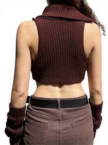 Women's Summer Knitted Tank Tops Brown Sleeveless High Neck Irregular Ribbed Crop Tops