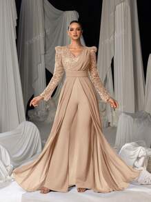 Faeriesty Stunning Long-Sleeve Evening Jumpsuit With Chiffon Overlay & Shimmering Sequin - Elegant Flowing Silhouette For Luxury Banquets, Red Carpet Galas, Weddings & Formal Evening Events