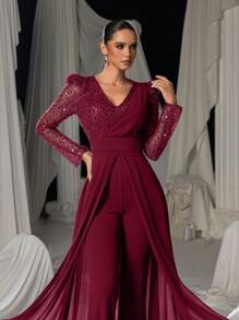 Faeriesty 惊艳长袖晚装连身裤，配雪纺覆层和闪亮亮片 - 优雅飘逸的轮廓，适合豪华宴会、红毯盛会、婚礼和正式晚会