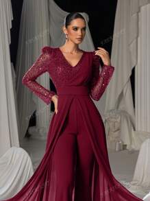 Faeriesty Stunning Long-Sleeve Evening Jumpsuit With Chiffon Overlay & Shimmering Sequin - Elegant Flowing Silhouette For Luxury Banquets, Red Carpet Galas, Weddings & Formal Evening Events