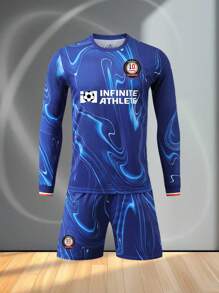 Conjunto de jersey y pantalones cortos de manga larga del Equipo de Fútbol de hombre inspirado en el Chelsea 2024-2025, estilo de diseño local - Azul - Ver 3