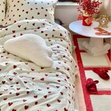 3pcs Bedding Set: White With Red Heart Patterned Comforter Cover, Microfiber Red & White Heart Themed Bed Sheet And Pillowcase Set