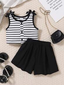 Young Girl Black & White Ribbed Sleeveless Top With Bow Accent + Solid Black Shorts, Spring/Summer Set - Black - View 2