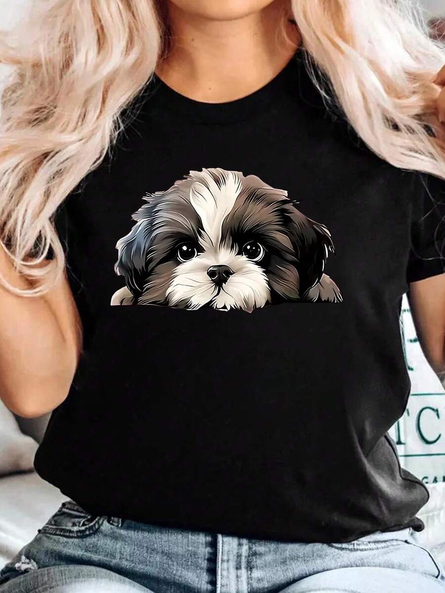 Camiseta de manga corta sólida y versátil informal en talla grande - Negro - Ver 1