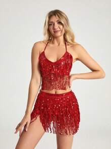 Glitzer-Pailletten-Quasten-Kleid-Sets für Frauen, 2-Teiler Outfit bestehend aus enganliegendem Trägertop und Minirock, funkelnder Fransen-Anzug