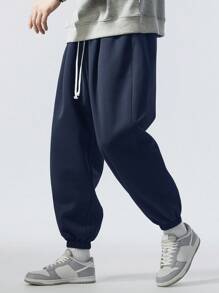 Plus Size Men's Loose Drawstring Waist Spring Sweatpants - Blue - View 4