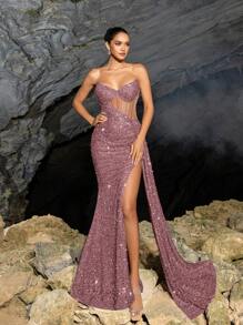 Elisanya Elegantes trägerloses Kleid mit Herzausschnitt, glitzernder Rock mit seitlichem Drapieren und hohem Schlitz, elegantes Abendkleid für Frühling-Sommer Formelle Anlässe, perfekt für den roten Teppich, Gala, Hochzeit & Luxus-Party, Hochzeitsgast Kleid