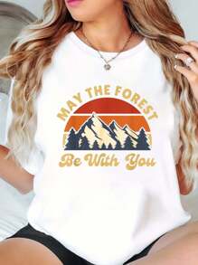 T-Shirt Print Crew Neck T-Shirt For Summer, Women's Soft Short Sleeve Top, Stylish Comfy Tee For Women Graphic Tees - 白色 - 查看 1