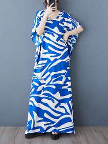 上衣连衣裙，2025 年夏季 V 领袖度假沙滩裙，成衣，波西米亚风休闲度假大码连衣裙，女士大码优雅日常连衣裙 - 藍色 - 查看 2