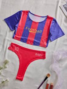 Christmas Gift For Women, Soccer Babe Costume Sexy Lingerie, Contrast Color Round Neck Short Sleeve Top + Panty Set - Red - View 9