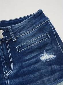 全新女式低腰水洗弹力直筒牛仔裤 - 藏蓝色 - 查看 5