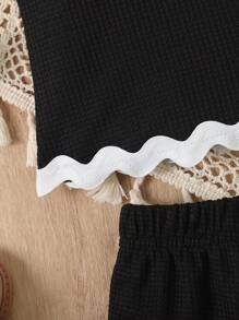 2pcs/Set Young Girls Solid Color Waffle Sleeveless Wavy Hem Top + Casual Simple Shorts, Outfit Set - Black - View 4